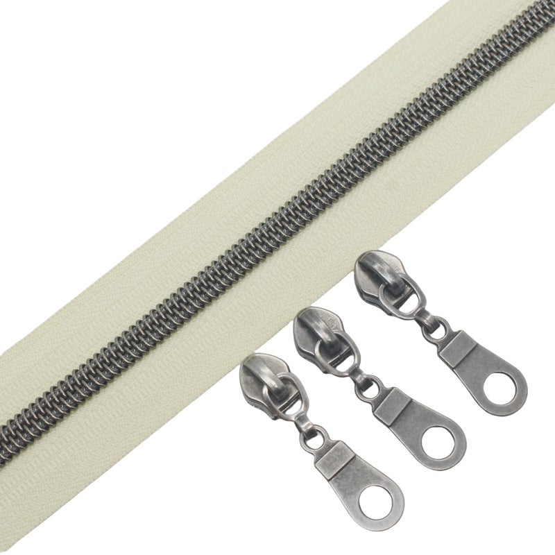 YaHoGa #5 Gunmetal Metallic Nylon Coil Zippers by The Yard Bulk Beige Tape 10 Yards with 25pcs Pulls for DIY Sewing Tailor Craft Bag (Beige) - Image 1